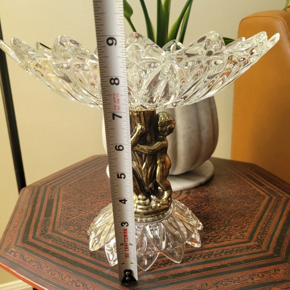 FRENCH ROCOCO PEDESTAL COMPOTE Hollywood Regency Glass Centerpiece with Cherubs